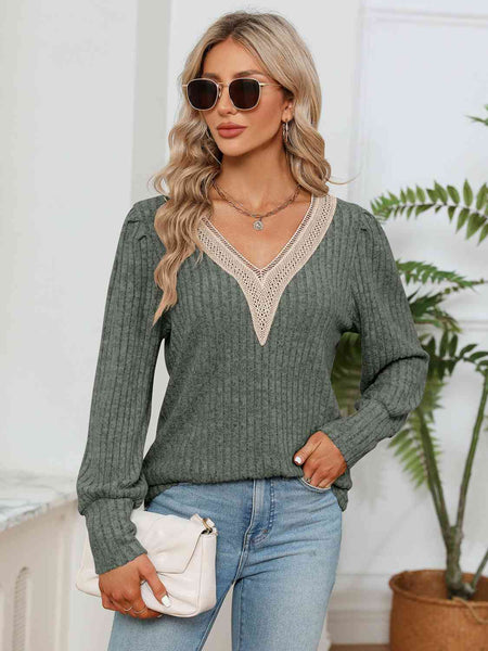 Lace Detail V-Neck Ribbed Blouse