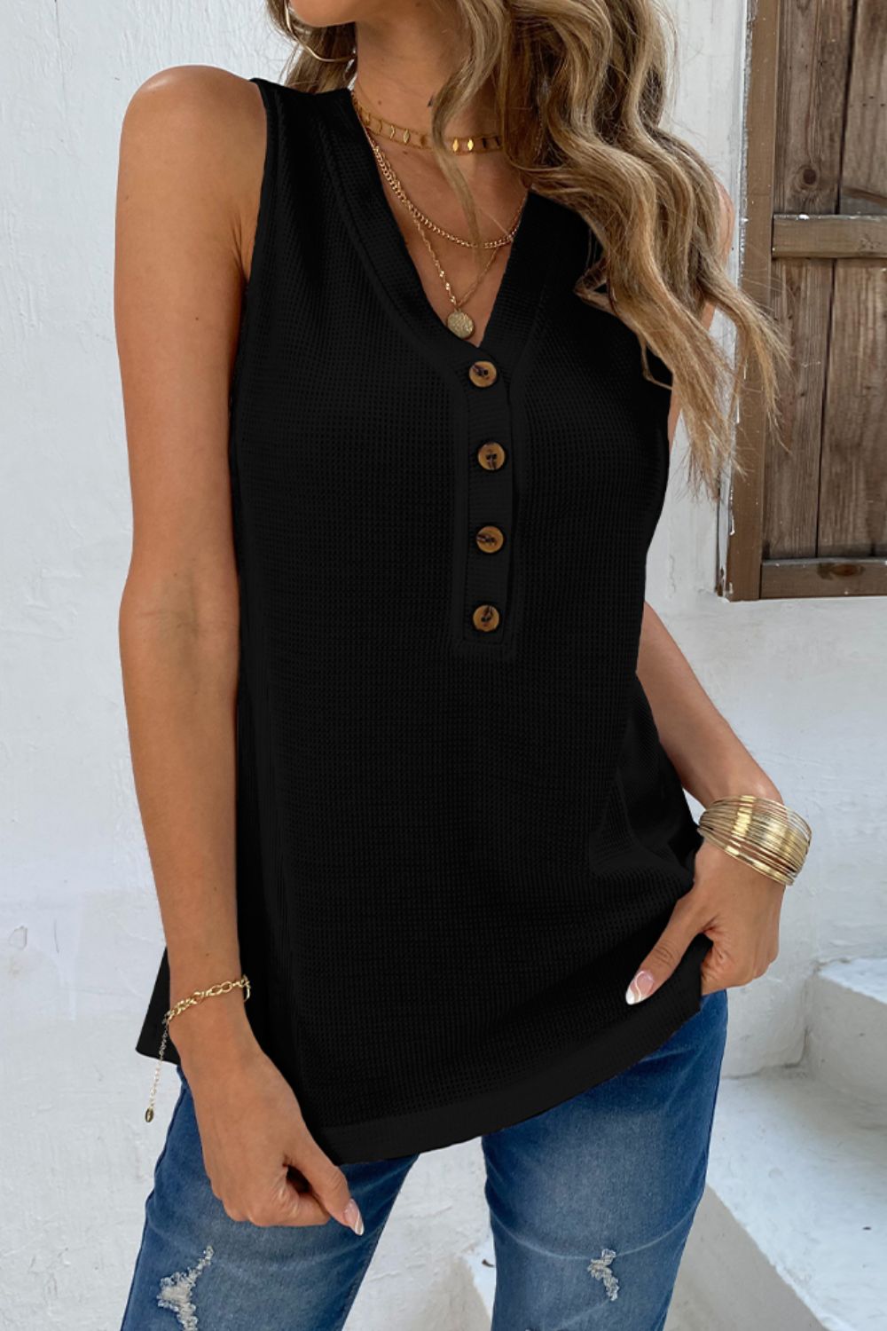 Buttoned V-Neck Tank