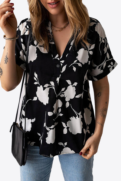 Floral Notched Neck Cuffed Short Sleeve Blouse