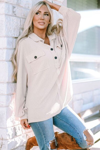 Collared Neck Half Button Long Sleeve Blouse