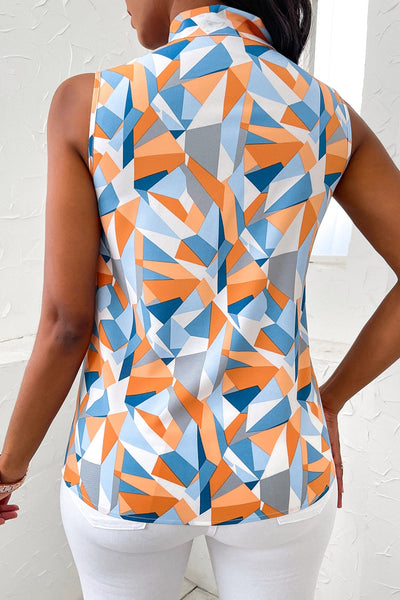 Geometric Print Tie Neck Sleeveless Blouse