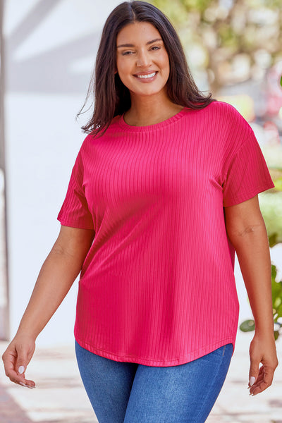 Ribbed Drop Shoulder Curved Hem Top