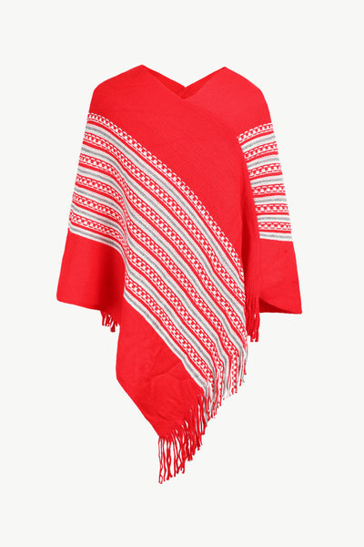 Striped Asymmetrical Fringe Hem Poncho