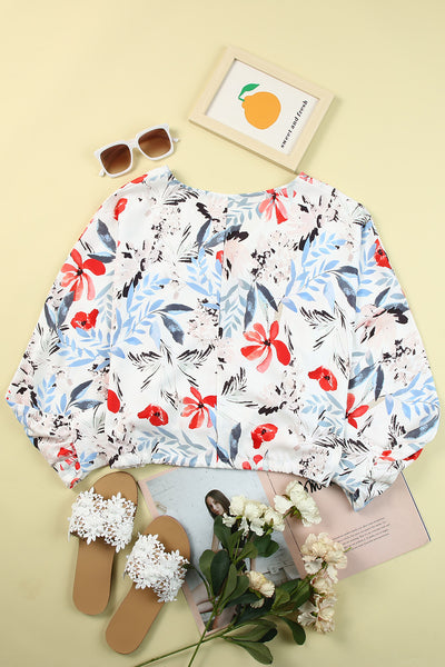 Floral Drawstring Hem Cropped Blouse