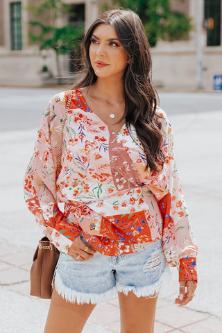 Floral Patchwork Tied Long Sleeve Blouse