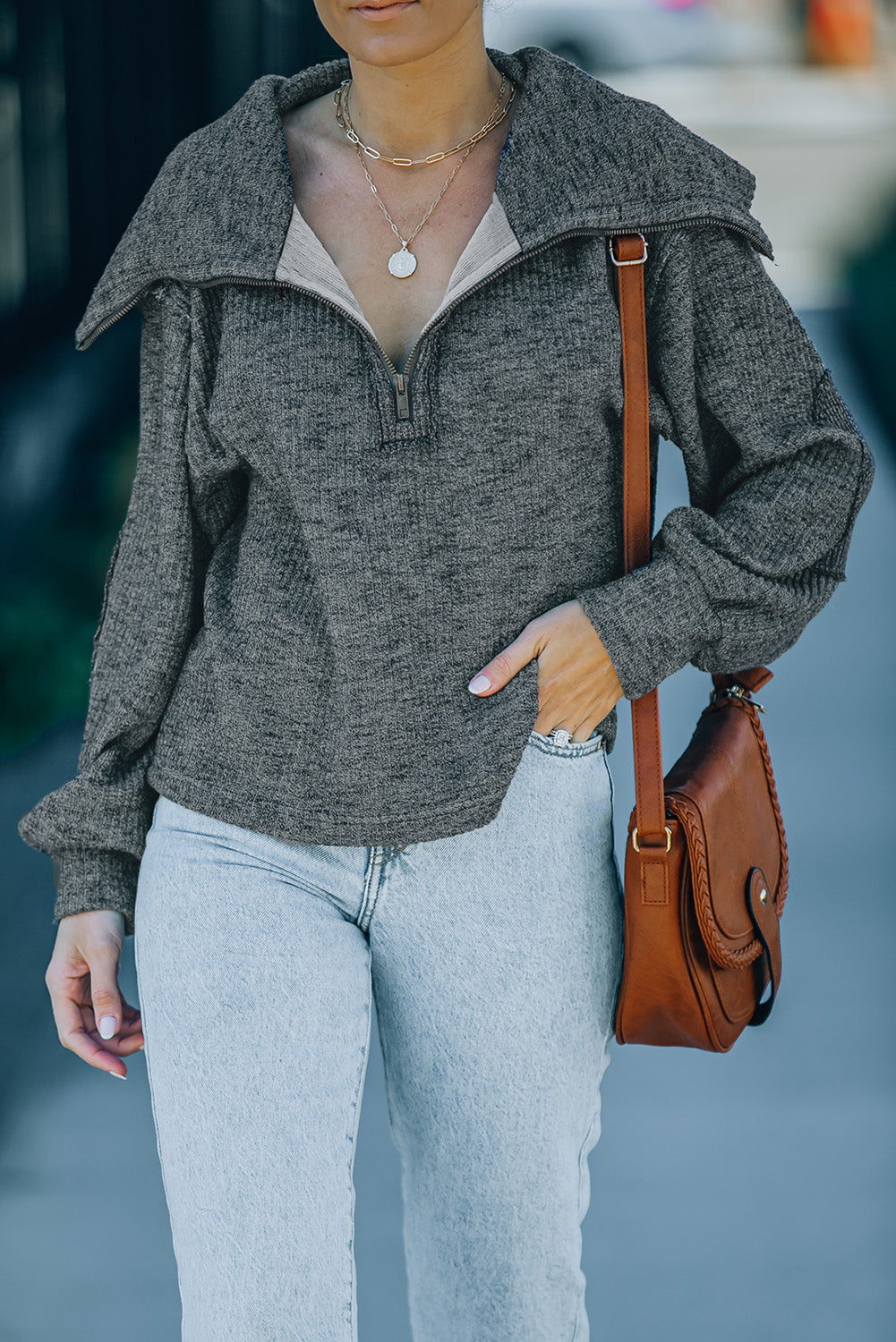 Heathered Ribbed Turtleneck Quarter-Zip Top