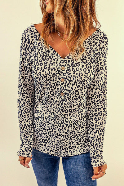 Leopard Print V-Neck Long Sleeve Top