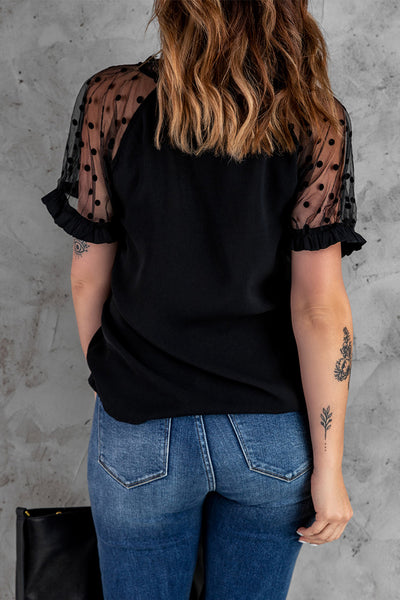 Polka Dot Lace Trim Spliced Mesh Blouse