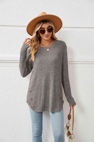 Round Neck Ribbed Long Sleeve T-Shirt