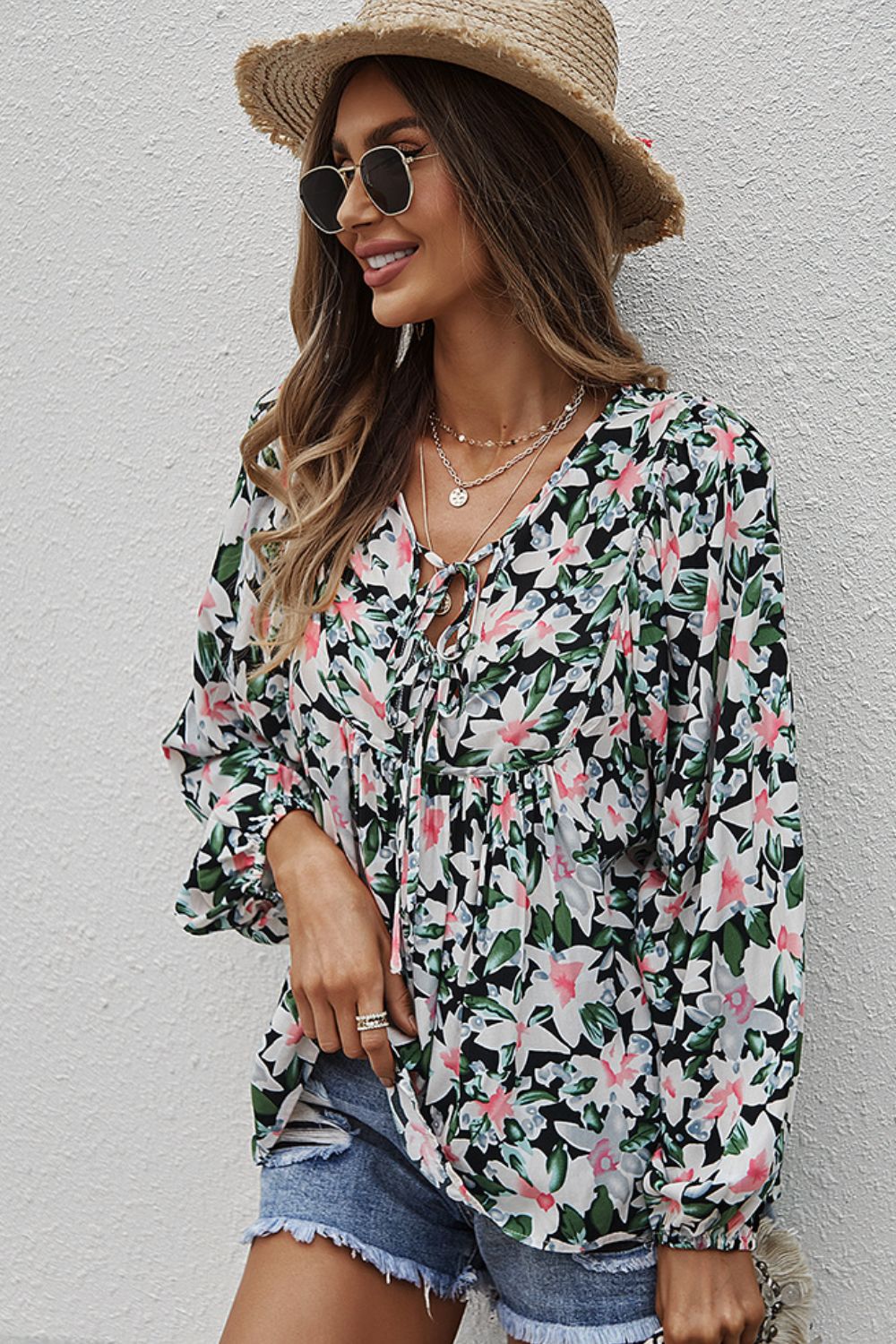 Floral Tie Neck Babydoll Blouse