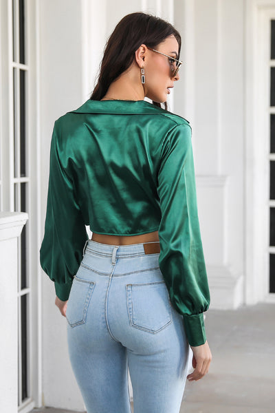 Satin Twist Front Lantern Sleeve Cropped Top