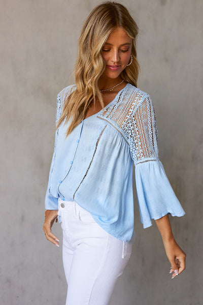 Flare Sleeve Spliced Lace V-Neck Shirt