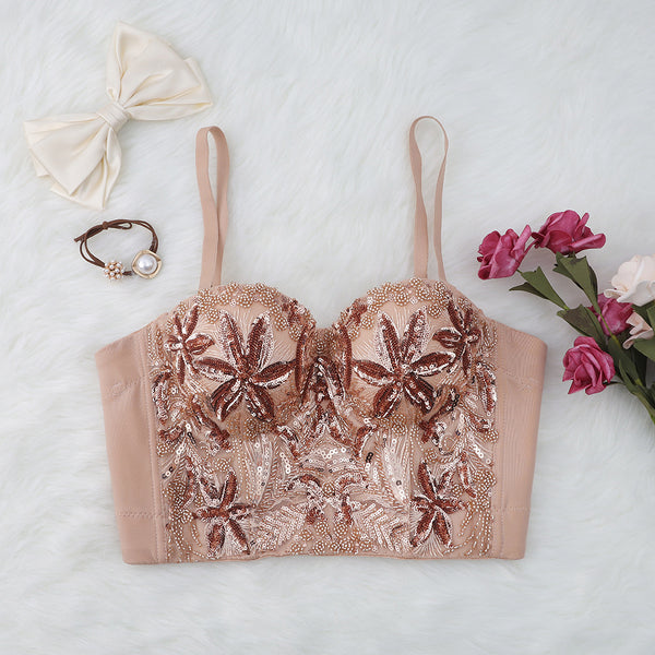 Sequined Floral Bustier with Beads