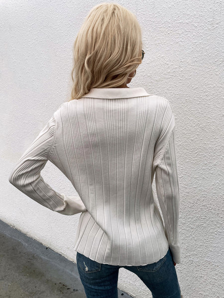 Buttoned Rib-Knit Collared Cardigan