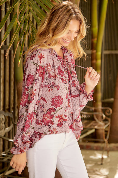 Floral Frill Trim Tied Flounce Sleeve Blouse