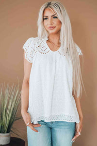 Eyelet Tassel Tie Flutter Sleeve Top