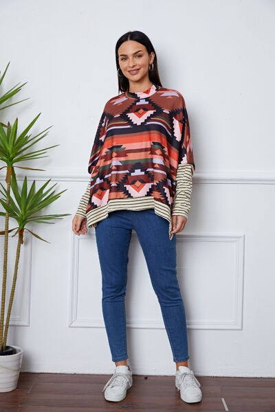 Geometric Striped Splicing Round Neck Blouse