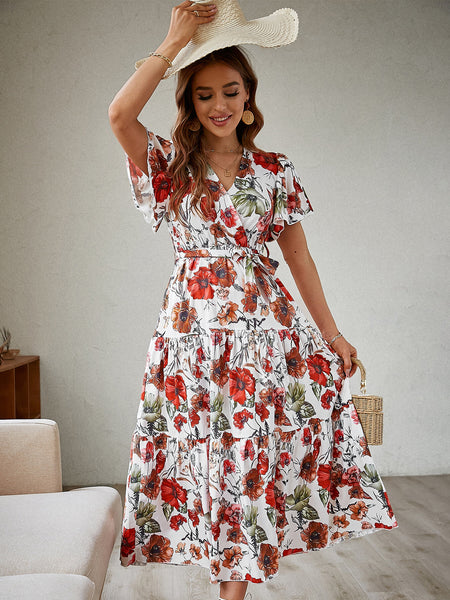 Floral Tied Surplice Midi Dress