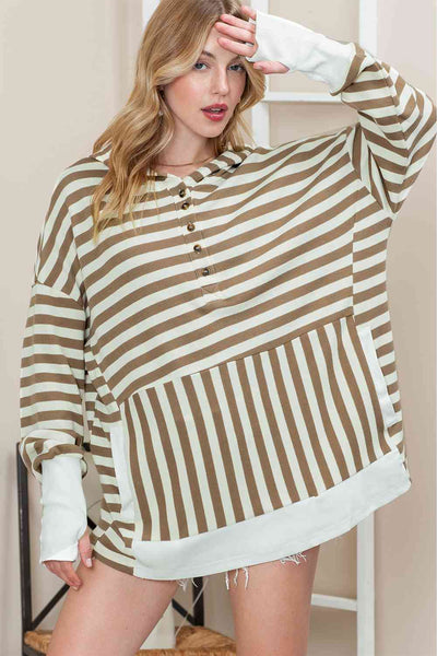 Striped Dropped Shoulder Buttoned Hoodie