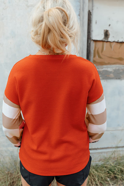 Graphic Striped Leopard Lantern Sleeve Waffle-Knit Top