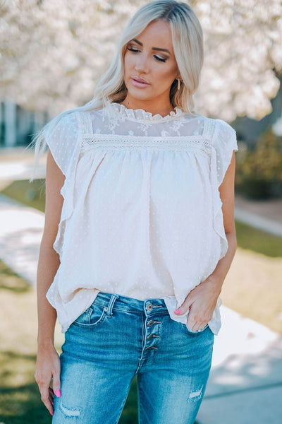 Swiss Dot Spliced Lace Flutter Sleeve Top