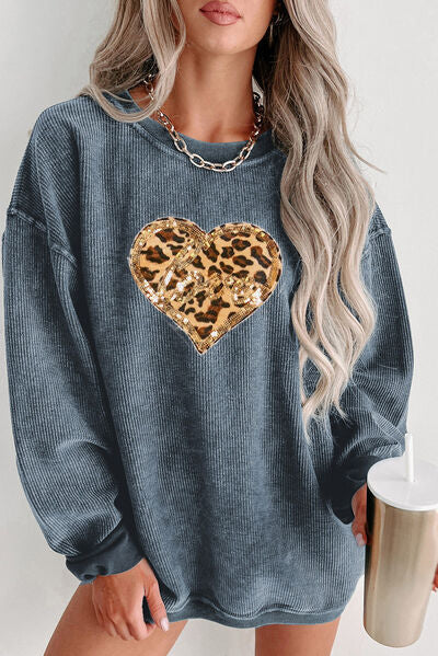 Heart Leopard Sequin Round Neck Sweatshirt