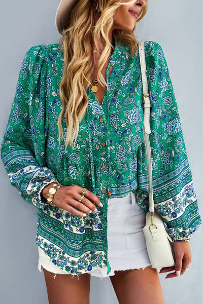 Bohemian Tie Neck Balloon Sleeve Top