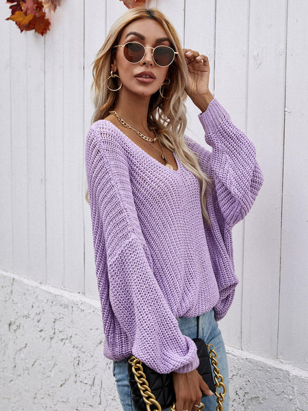 Rib-Knit Drop Shoulder V-Neck Pullover Sweater