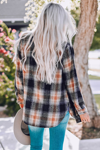 Double Take Plaid Side Slit Curved Hem Shirt