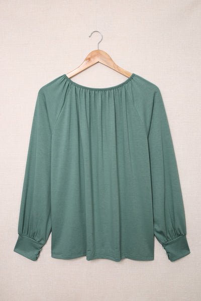 Gathered Button Cuff Round Neck Top