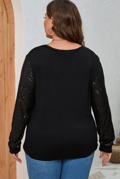 Plus Size Sequin Round Neck Long Sleeve Top