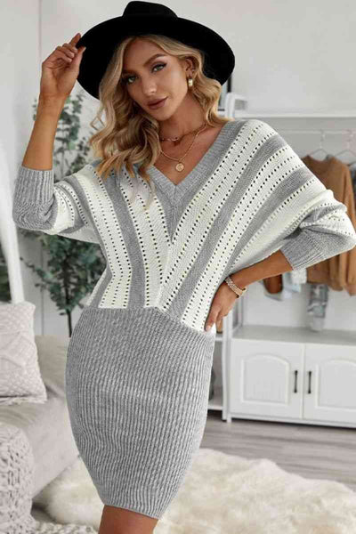 Color Block Striped Wrap Sweater Dress