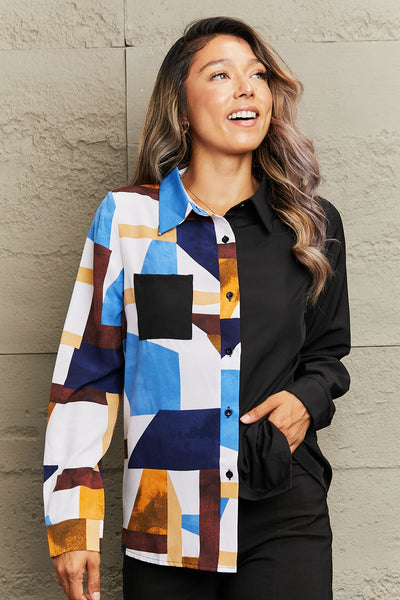 Contrast Printed Long Sleeve Collared Neck Shirt