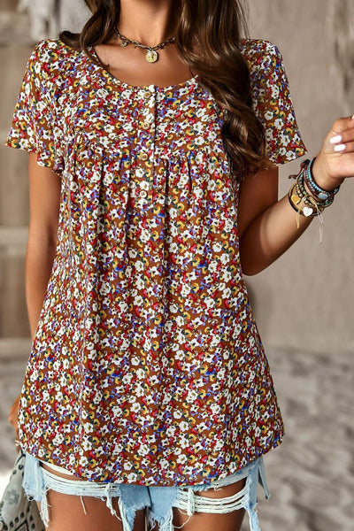 Floral Round Neck Curved Hem Top