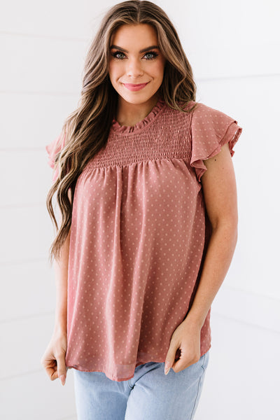 Polka Dot Smocked Flutter Sleeve Blouse