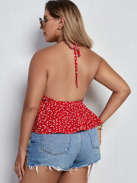 Plus Size Printed Halter Neck Peplum Top