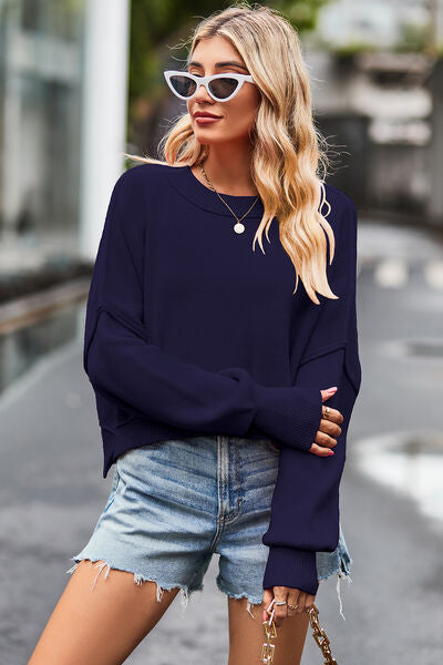 Round Neck Drop Shoulder Long Sleeve Sweater