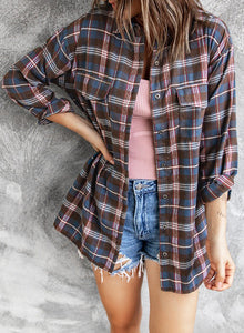 Plaid Slit High-Low Shirt with Pockets