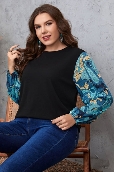 Plus Size Printed Sleeve Round Neck Blouse