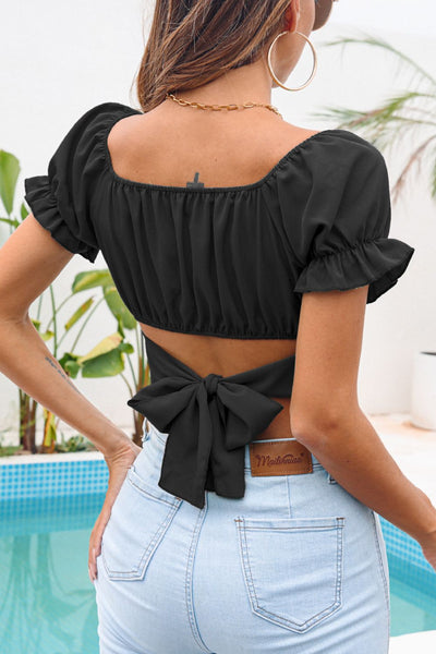 Ruched Square Neck Tie Back Cropped Top