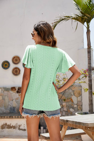 Eyelet Flutter Sleeve Short Sleeve Top