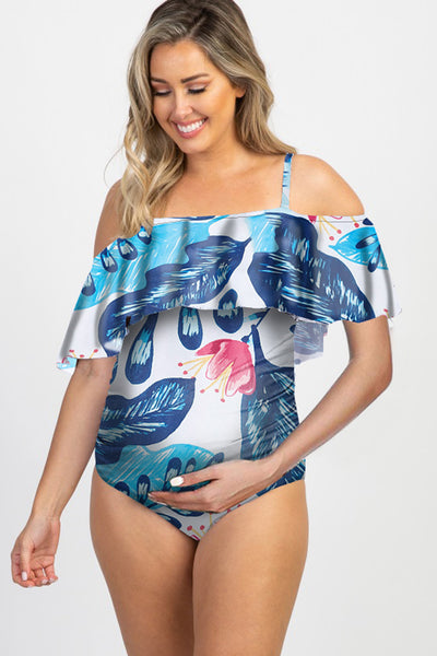Floral Ruffle Trim Maternity Swimsuit