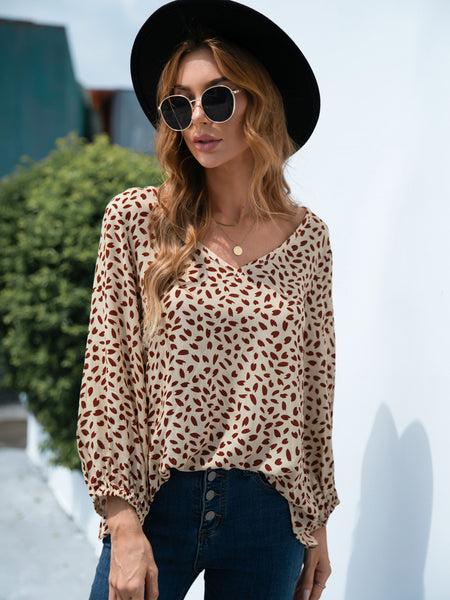 Printed V-Neck Balloon Sleeve Blouse