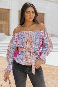 Printed Tie-Waist Off-Shoulder Blouse