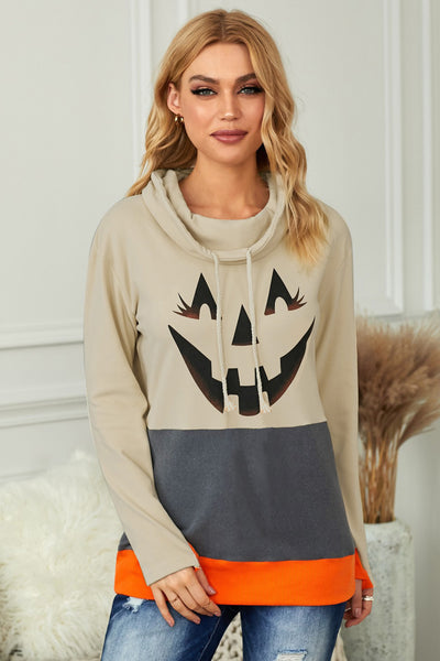 Halloween Print Color Block Drawstring Sweatshirt