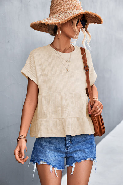 Waffle Knit Round Neck Babydoll Top