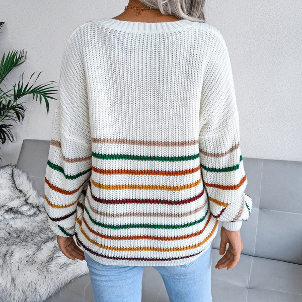 Striped V-Neck Lantern Sleeve Sweater