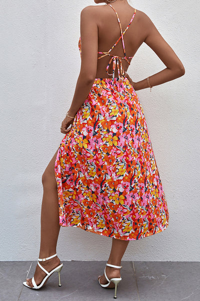 Floral Cutout Crisscross Split Dress