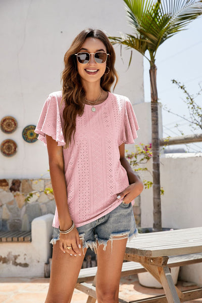 Eyelet Flutter Sleeve Short Sleeve Top