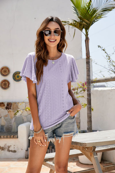 Eyelet Flutter Sleeve Short Sleeve Top